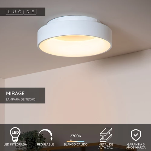 Lucide MIRAGE - Lámpara de techo - Ø 38 cm - LED Regul. - 1x22W 2700K - Blanco - USP